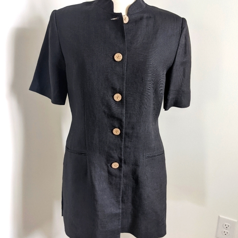 VINTAGE Black Linen Long Jacket wood buttons 8